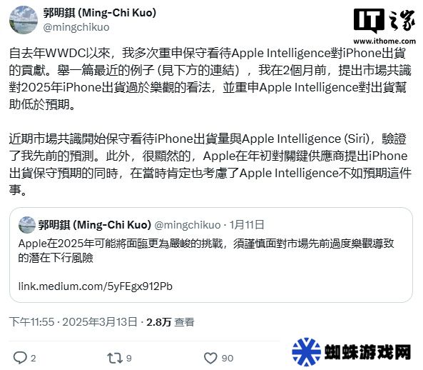 郭明錤：iOS 18 的 Apple Intelligence 功能对 iPhone 16 / Pro 系列出货帮助有限，苹果已意识到问题